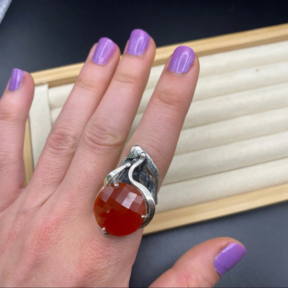Sterling Silver Large Carnelian Stone Ring - Picture 10 of 16